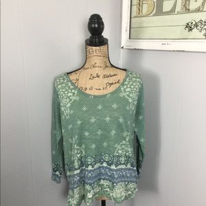 Lucky Brand Large Boho Green Print Top EUC